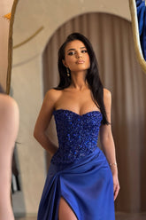Charming Blue A-Line Sweetheart Sleeveless Sequined Beaded Ruffle Panel Train Satin Prom Dresses With Slit